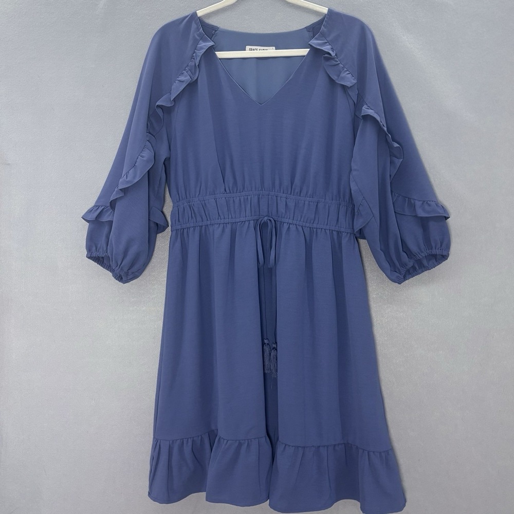 Grace Karin Blue Ruffle Long Sleeve Midi Dress
